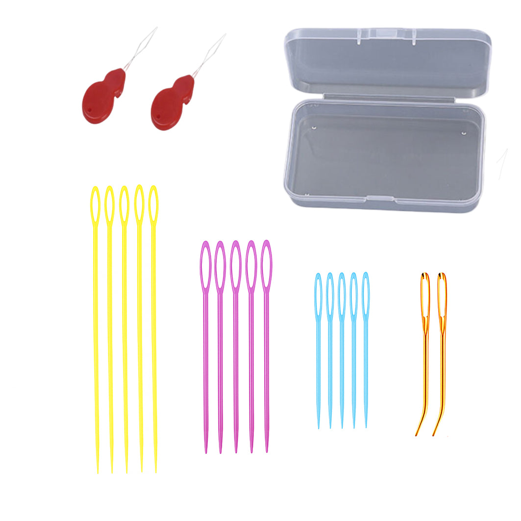 Plastic Large Eye Yarn and Tapestry Needles with Bent Tips, Threader, and Storage Box for Crochet