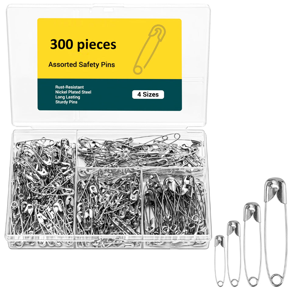Assorted Safety Pins in 4 Sizes, Durable Nickel-Plated Steel for Sewing and Crafts, Pack of 300