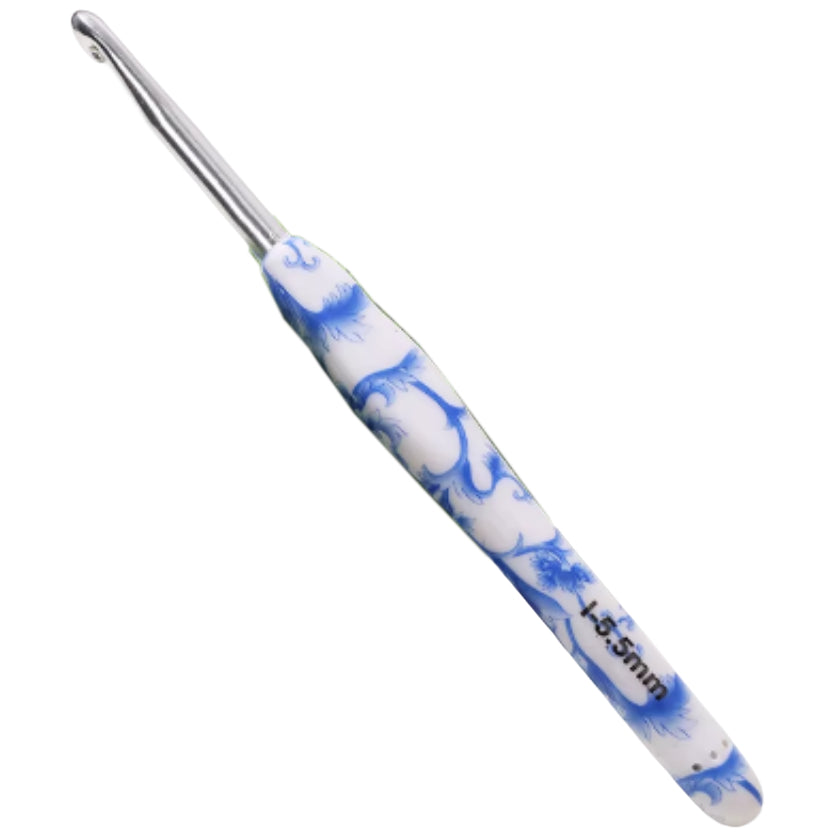 Ergonomic Crochet Hook with Blue White Porcelain Handle for Knitting & Crocheting