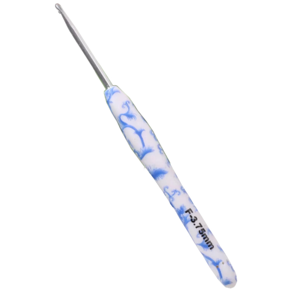 Ergonomic Crochet Hook with Blue White Porcelain Handle for Knitting & Crocheting