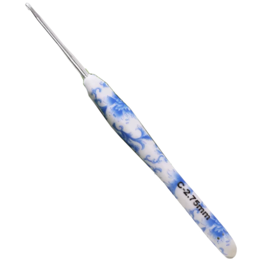 Ergonomic Crochet Hook with Blue White Porcelain Handle for Knitting & Crocheting