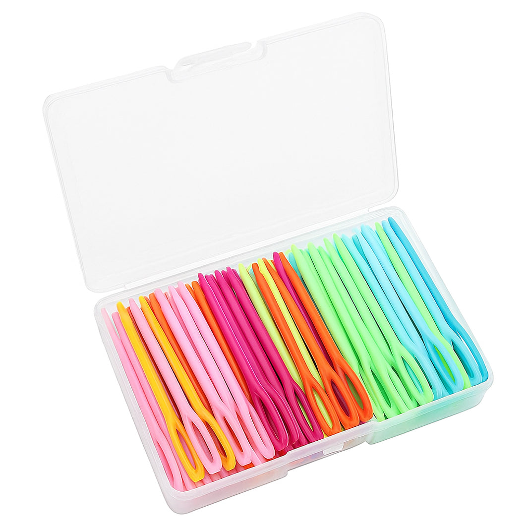 52pcs 2.7 Inch Large Eye Plastic Sewing Needles in 4 Colors with Storage Box