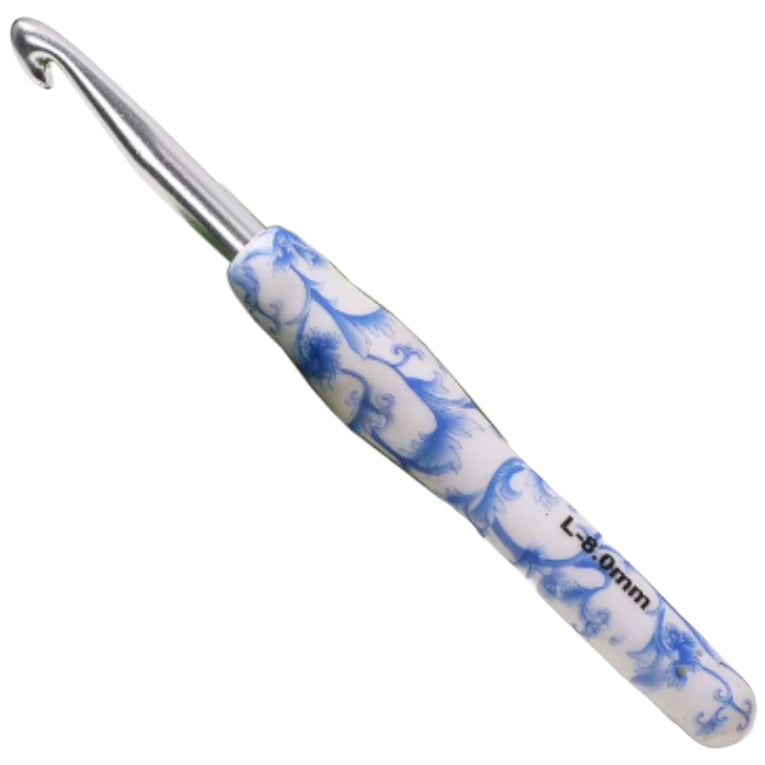 Ergonomic Crochet Hook with Blue White Porcelain Handle for Knitting & Crocheting