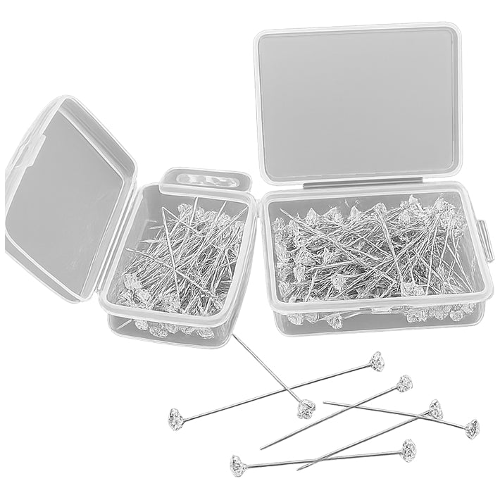 100 Pieces 2 Inch Diamond Rhinestone Pins for Bouquets, Weddings, Crafts, and Floral Decor with Clear Plastic Container