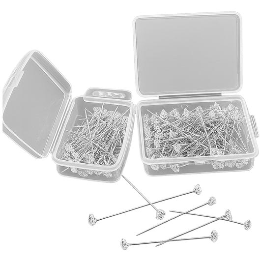 100 Pieces 2 Inch Diamond Rhinestone Pins for Bouquets, Weddings, Crafts, and Floral Decor with Clear Plastic Container