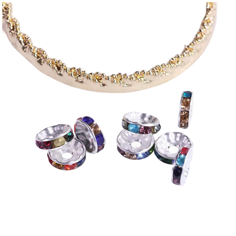 Silver Plated Rhinestone Rondelle Spacer Beads 6mm 8mm for Jewelry Making Bracelets, Pack of 50
