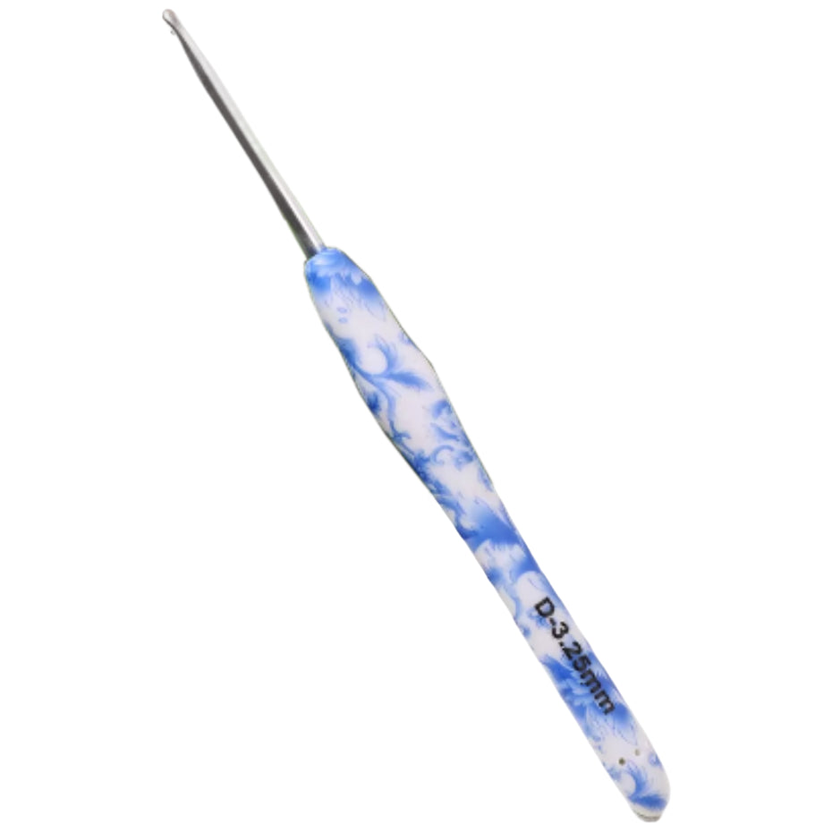 Ergonomic Crochet Hook with Blue White Porcelain Handle for Knitting & Crocheting