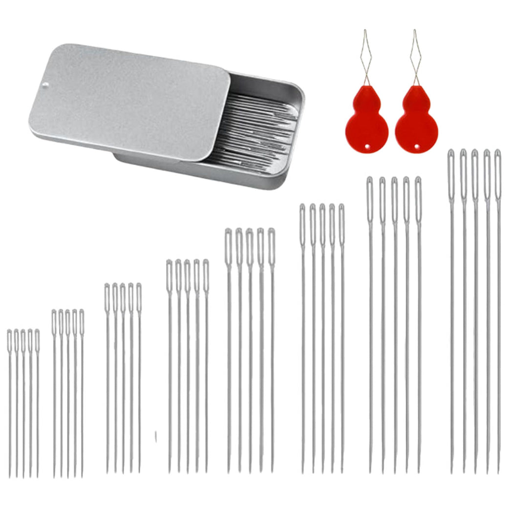 Large Eye Sewing Needles with Threaders and Metal Case for Hand Sewing and Crafts, Pack of 40