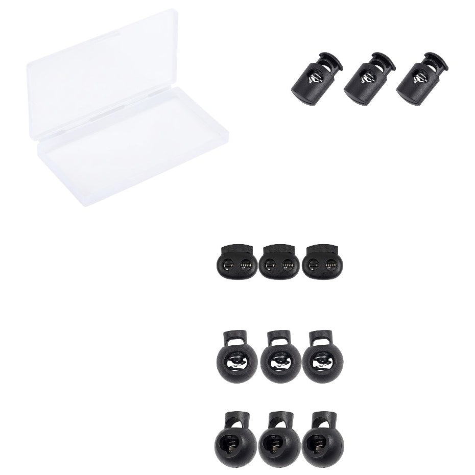 Black Plastic Cord Locks with Spring Toggle Stopper Four Sizes Elastic Adjusters for Drawstrings Shoelaces and Bags