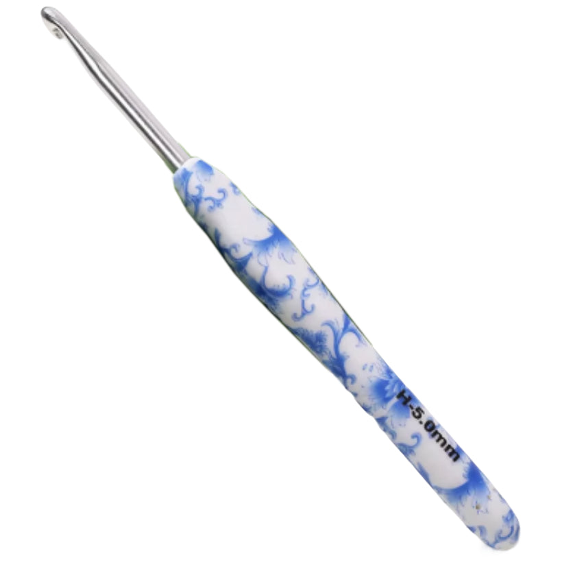 Ergonomic Crochet Hook with Blue White Porcelain Handle for Knitting & Crocheting