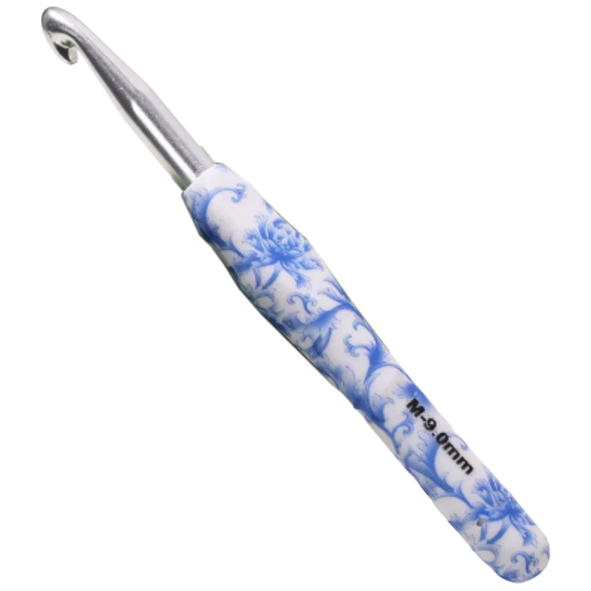 Ergonomic Crochet Hook with Blue White Porcelain Handle for Knitting & Crocheting