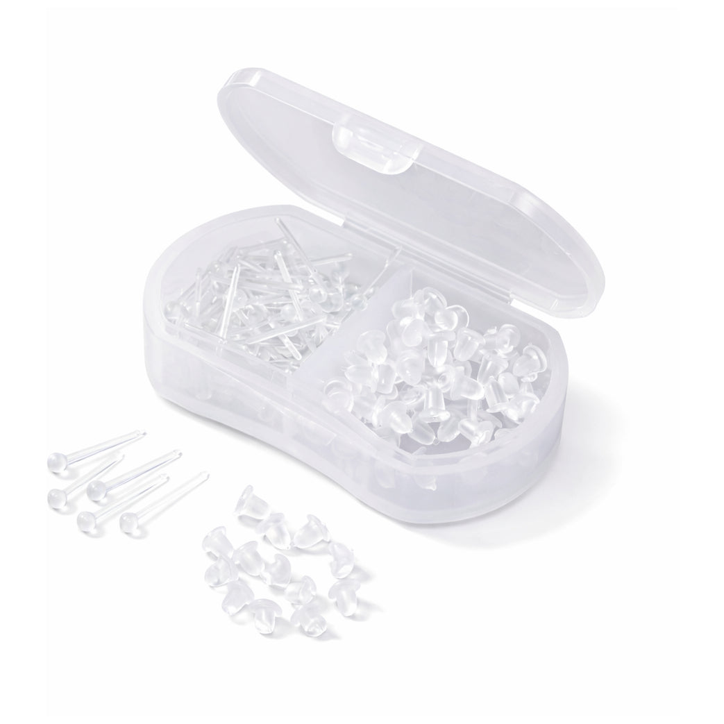 Clear Plastic Stud Earrings with Silicone Backs Transparent Posts and Storage Box for Sports Work and DIY Jewelry Making Set
