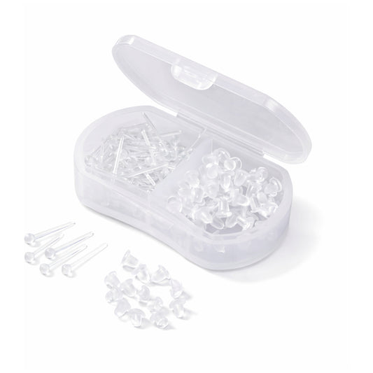 Clear Plastic Stud Earrings with Silicone Backs Transparent Posts and Storage Box for Sports Work and DIY Jewelry Making Set