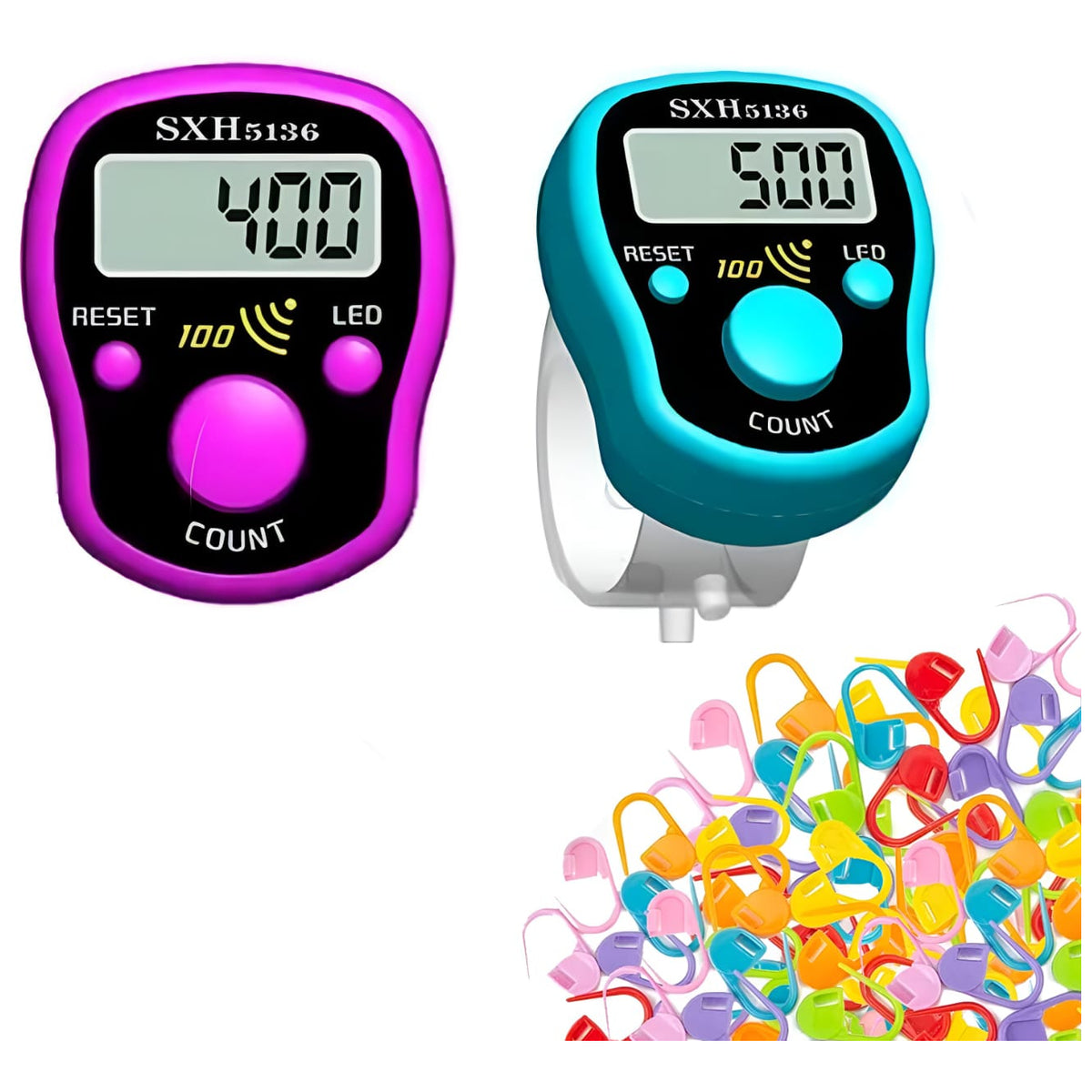 LED Digital Row Counter and 50 Crochet Stitch Markers for Knitting Sewing and Sports Counting, Pack of 2