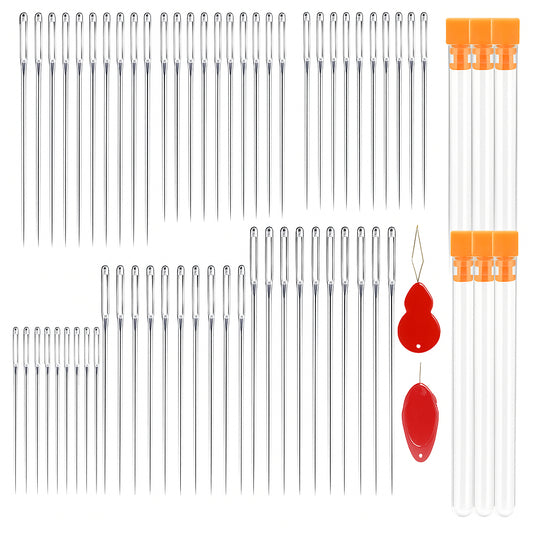 60 Pcs Large Eye Hand Sewing Needles with Threaders, 6 Sizes for Leather and Embroidery