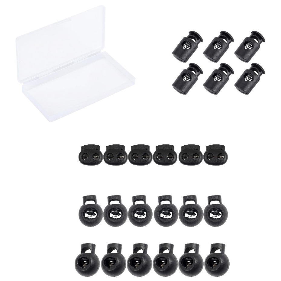 Black Plastic Cord Locks with Spring Toggle Stopper Four Sizes Elastic Adjusters for Drawstrings Shoelaces and Bags