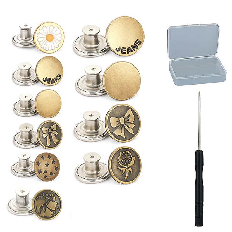 32 Sets No-Sew Metal Jeans Buttons Replacement Kit with Screwdriver and Storage Box for Clothing Repair
