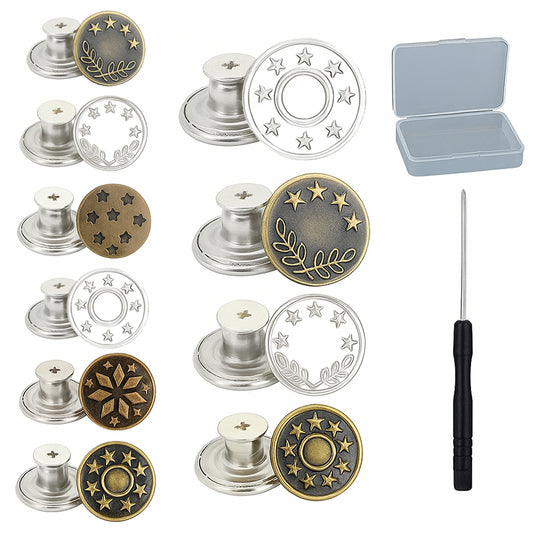 32 Sets No-Sew Metal Jeans Buttons Replacement Kit with Screwdriver and Storage Box for Clothing Repair