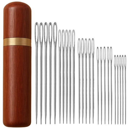 25 Piece Hand Sewing Big Eye Needles Sharp Steel Needles With Solid Wood Storage Case