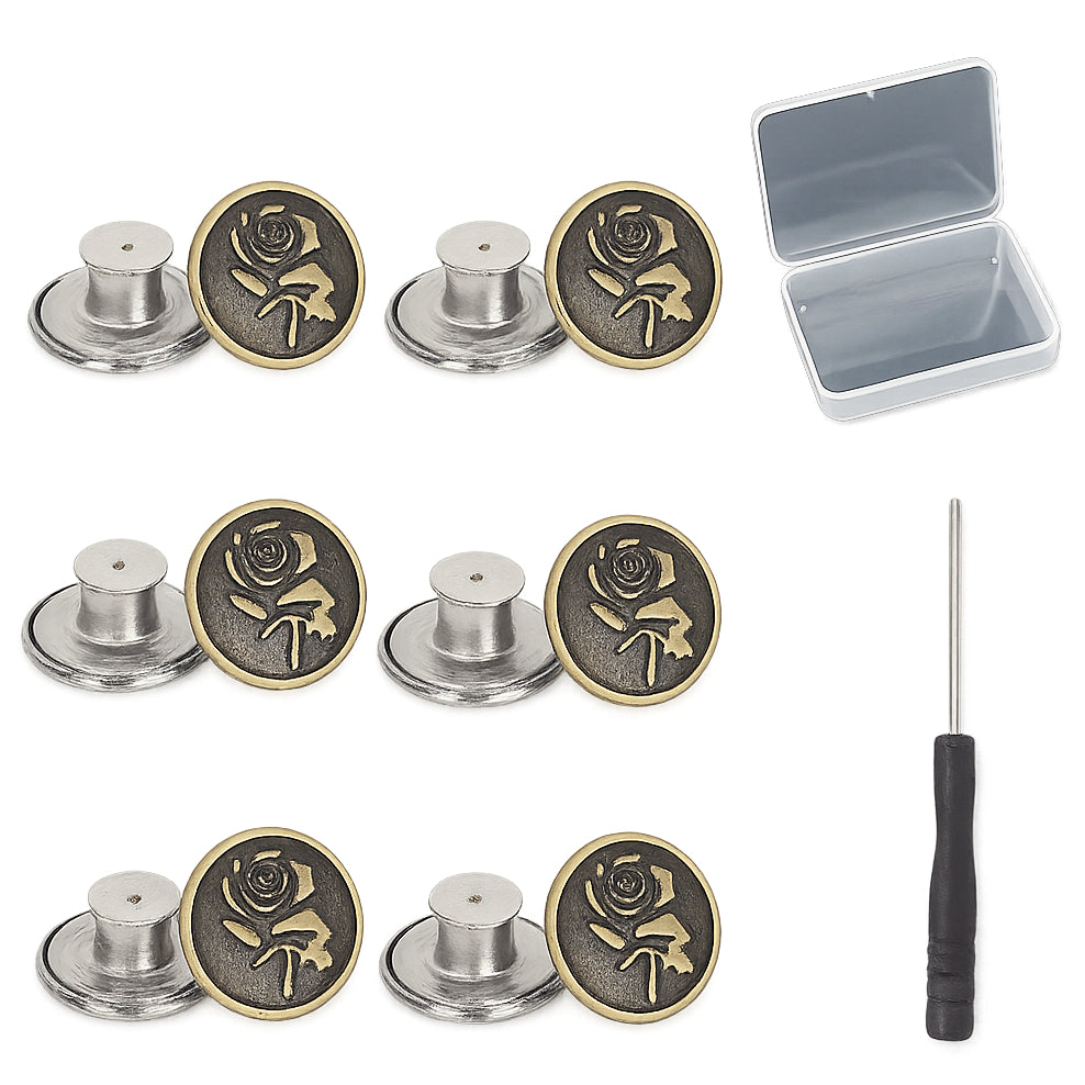 12 Pcs 17mm No-Sew Metal Jeans Buttons Set with Rivets, Screwdriver and Plastic Container for Clothing Repair