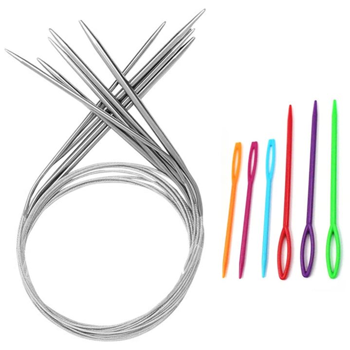 Stainless Steel Circular Knitting Needles Sizes 3.25 to 5 mm with 6 Plastic Needles, Set of 5