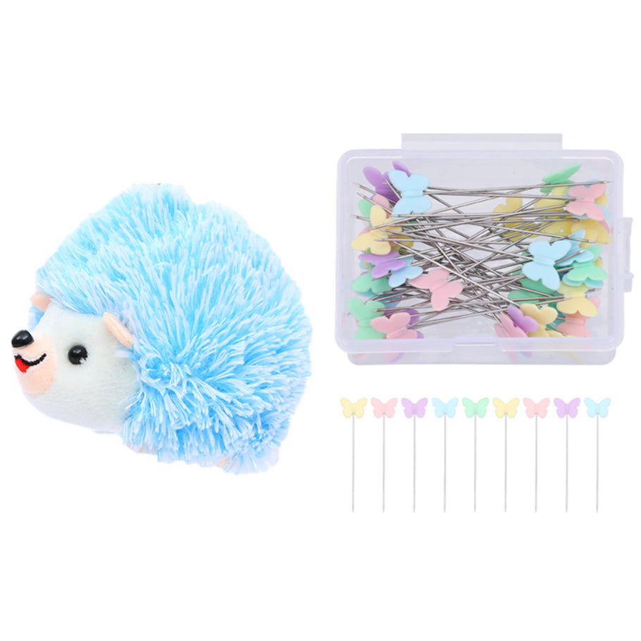Hedgehog Pincushion Sewing Kit with 100 Colored Butterfly Pins in Transparent Storage Container