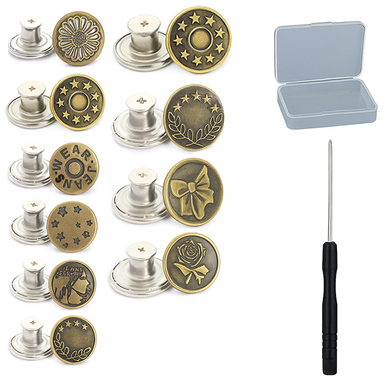 32 Sets No-Sew Metal Jeans Buttons Replacement Kit with Screwdriver and Storage Box for Clothing Repair