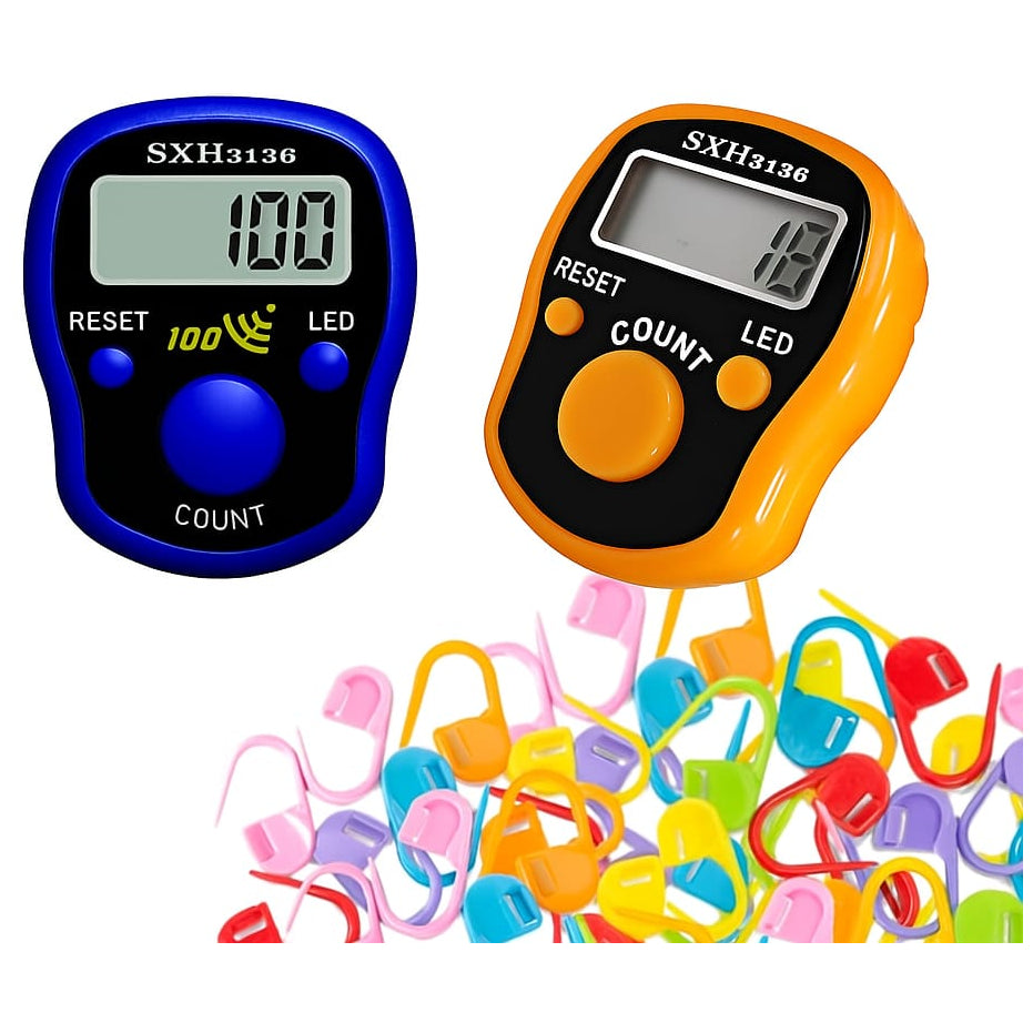 LED Digital Row Counter and 50 Crochet Stitch Markers for Knitting Sewing and Sports Counting, Pack of 2