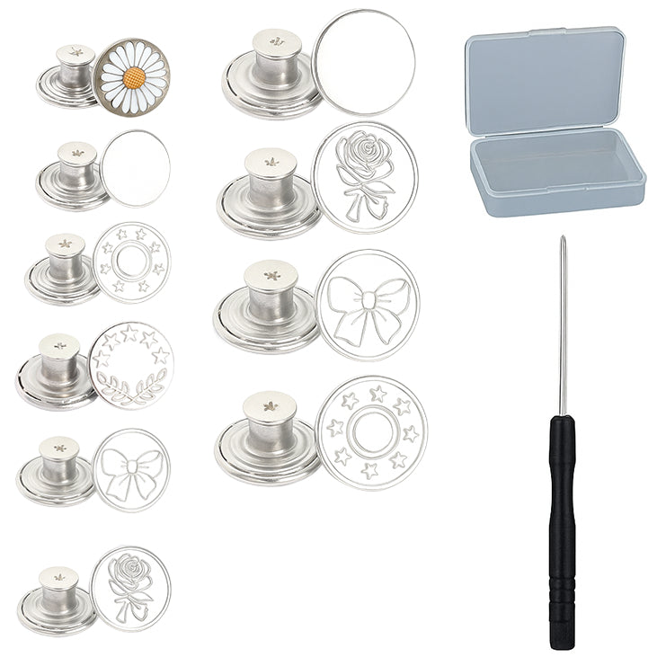 32 Sets No-Sew Metal Jeans Buttons Replacement Kit with Screwdriver and Storage Box for Clothing Repair