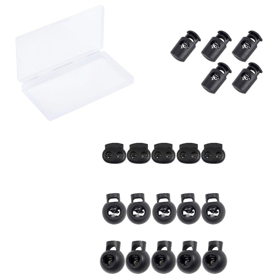 Black Plastic Cord Locks with Spring Toggle Stopper Four Sizes Elastic Adjusters for Drawstrings Shoelaces and Bags