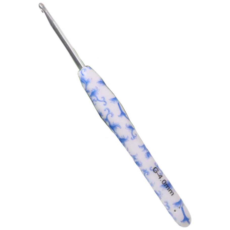 Ergonomic Crochet Hook with Blue White Porcelain Handle for Knitting & Crocheting