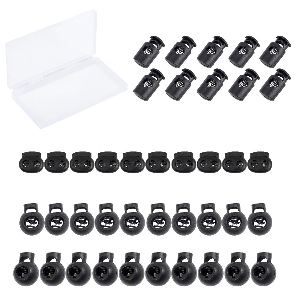Black Plastic Cord Locks with Spring Toggle Stopper Four Sizes Elastic Adjusters for Drawstrings Shoelaces and Bags
