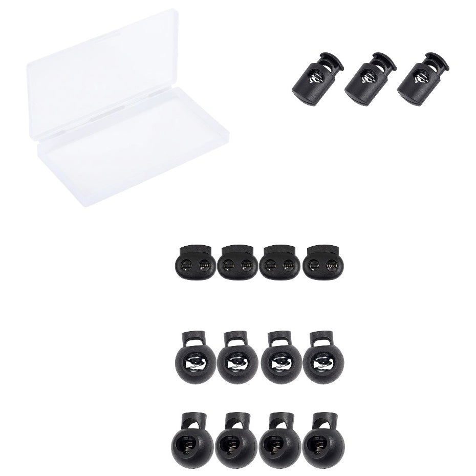 Black Plastic Cord Locks with Spring Toggle Stopper Four Sizes Elastic Adjusters for Drawstrings Shoelaces and Bags