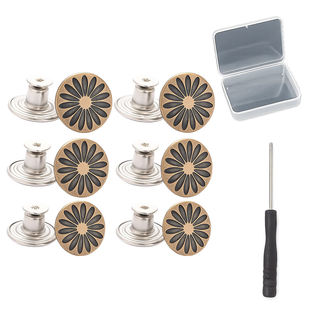 12 Pcs 17mm No-Sew Metal Jeans Buttons Set with Rivets, Screwdriver and Plastic Container for Clothing Repair