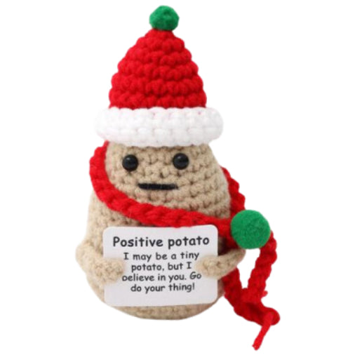 White Potato With Santa Hat Handmade Crochet Doll - Lovely Gift with Different Cards for Emotional Support & Positivity