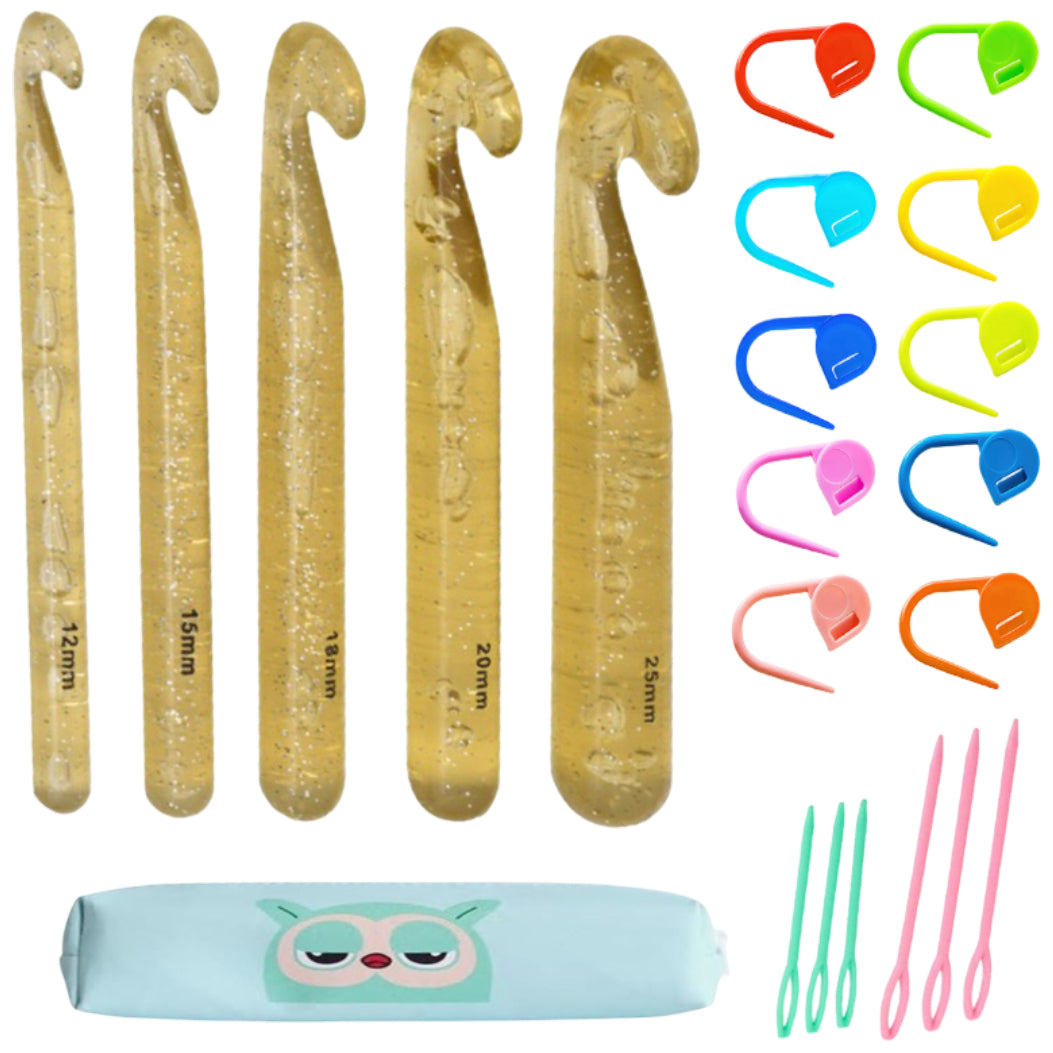 22pcs Large Crochet Hook Set 12mm–25mm with Stitch Markers and Yarn Needles for Chunky Yarn