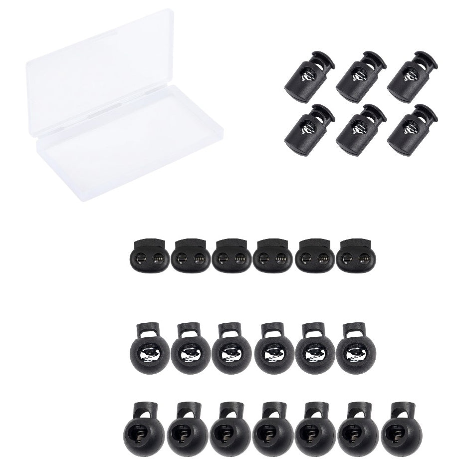 Black Plastic Cord Locks with Spring Toggle Stopper Four Sizes Elastic Adjusters for Drawstrings Shoelaces and Bags