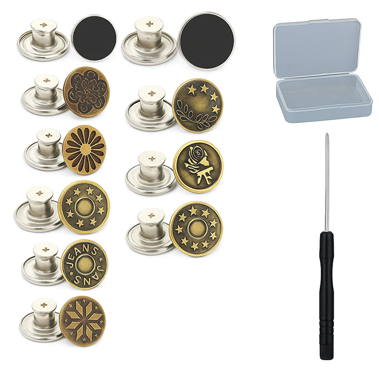 32 Sets No-Sew Metal Jeans Buttons Replacement Kit with Screwdriver and Storage Box for Clothing Repair