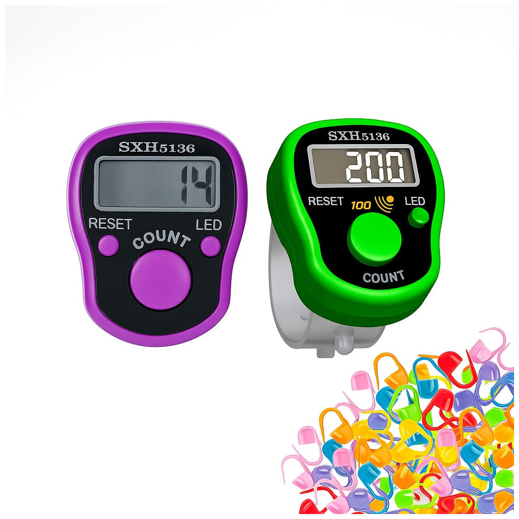 LED Digital Row Counter and 50 Crochet Stitch Markers for Knitting Sewing and Sports Counting, Pack of 2