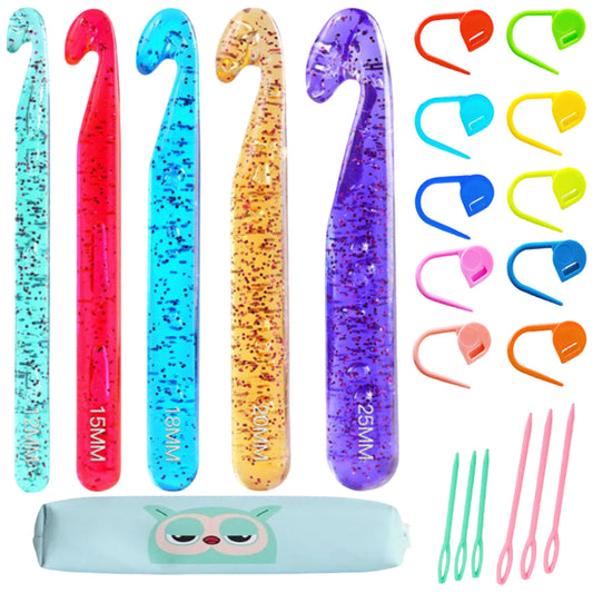 22pcs Large Crochet Hook Set 12mm–25mm with Stitch Markers and Yarn Needles for Chunky Yarn