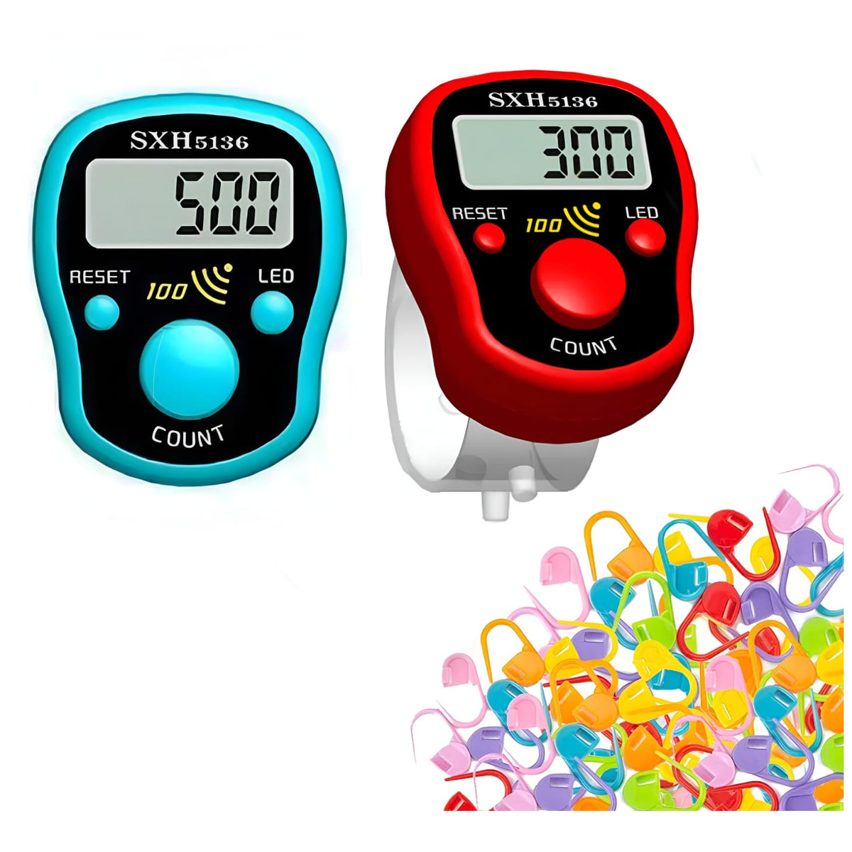 LED Digital Row Counter and 50 Crochet Stitch Markers for Knitting Sewing and Sports Counting, Pack of 2
