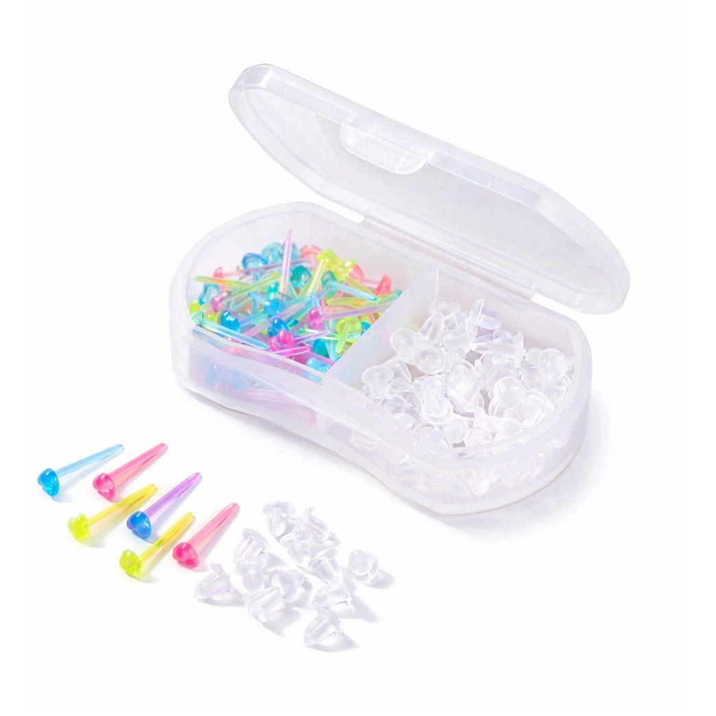 Clear Plastic Stud Earrings with Silicone Backs Transparent Posts and Storage Box for Sports Work and DIY Jewelry Making Set