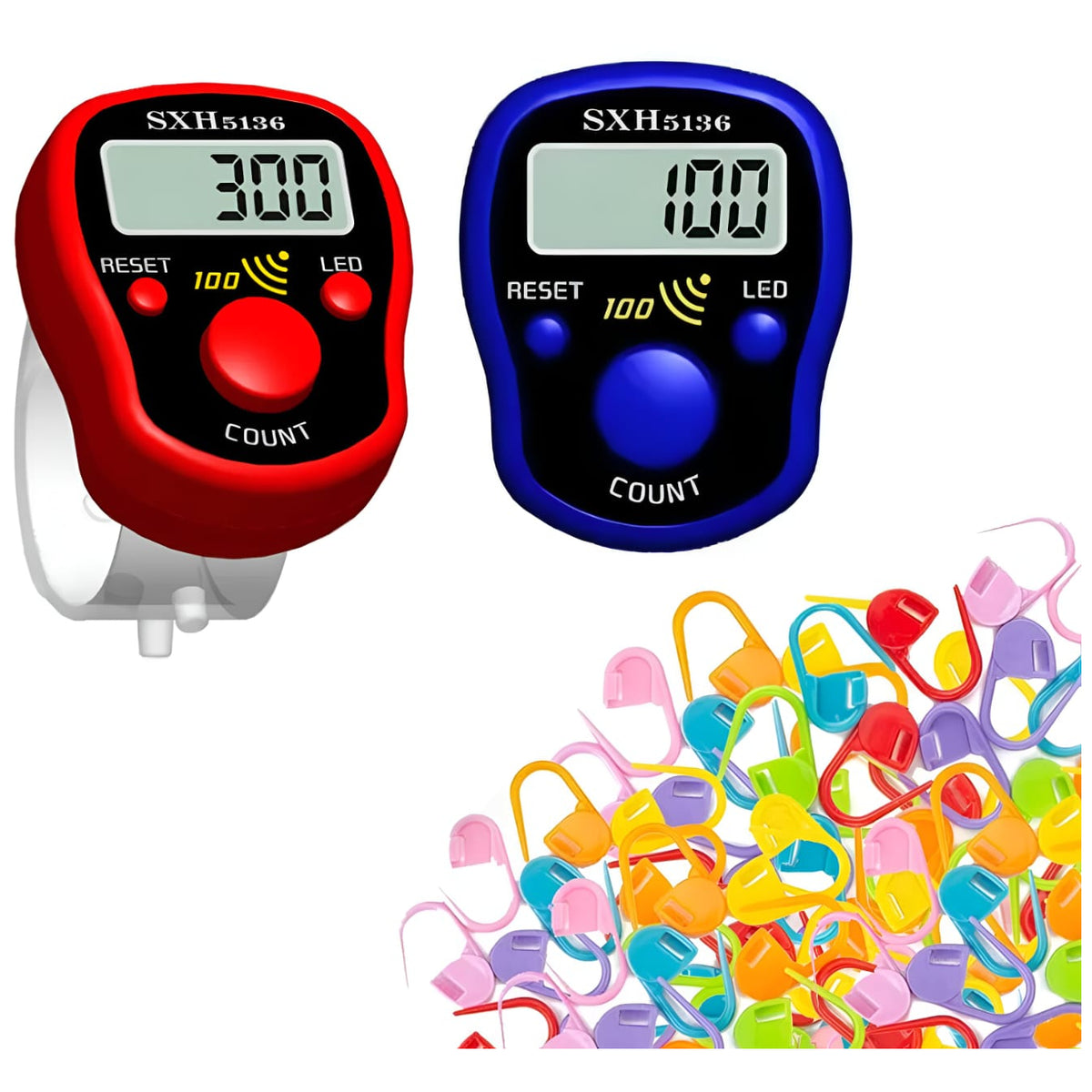 LED Digital Row Counter and 50 Crochet Stitch Markers for Knitting Sewing and Sports Counting, Pack of 2