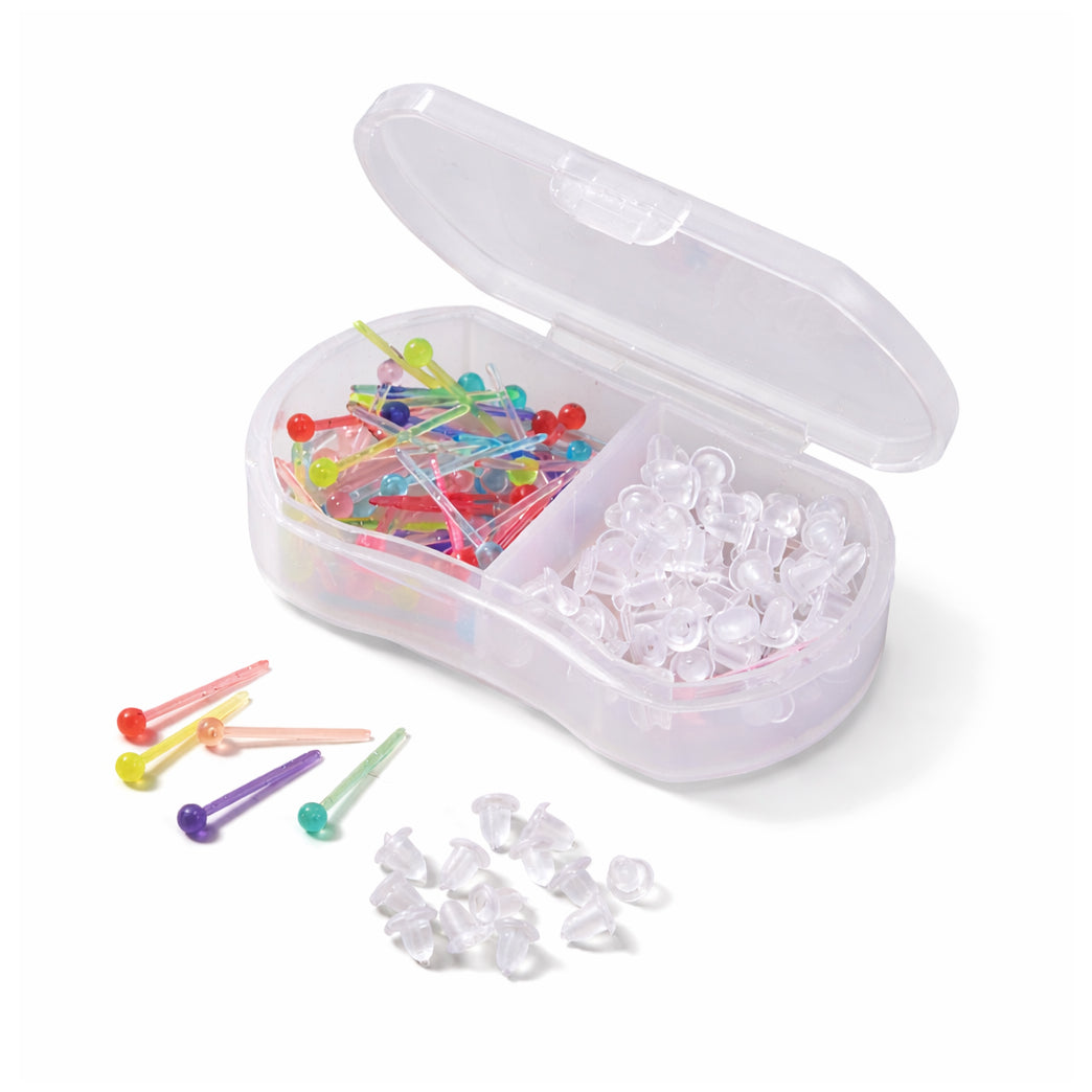 Clear Plastic Stud Earrings with Silicone Backs Transparent Posts and Storage Box for Sports Work and DIY Jewelry Making Set