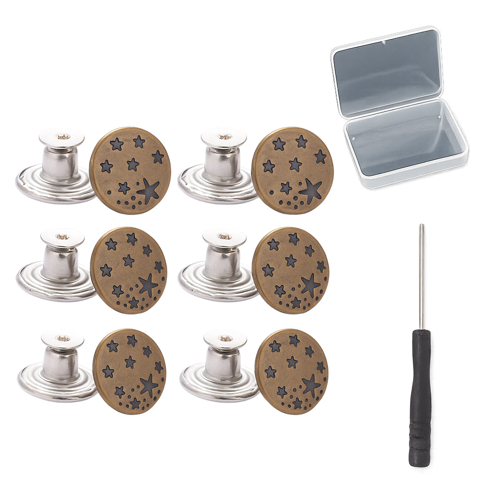 12 Pcs 17mm No-Sew Metal Jeans Buttons Set with Rivets, Screwdriver and Plastic Container for Clothing Repair
