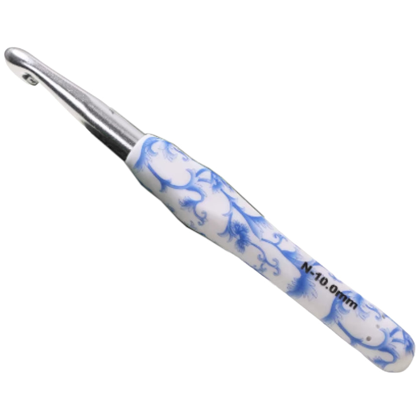 Ergonomic Crochet Hook with Blue White Porcelain Handle for Knitting & Crocheting