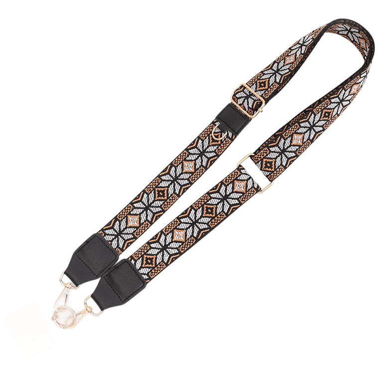 Adjustable Purse Strap With Crazy Horse Leather Ends and Jacquard Embroidery