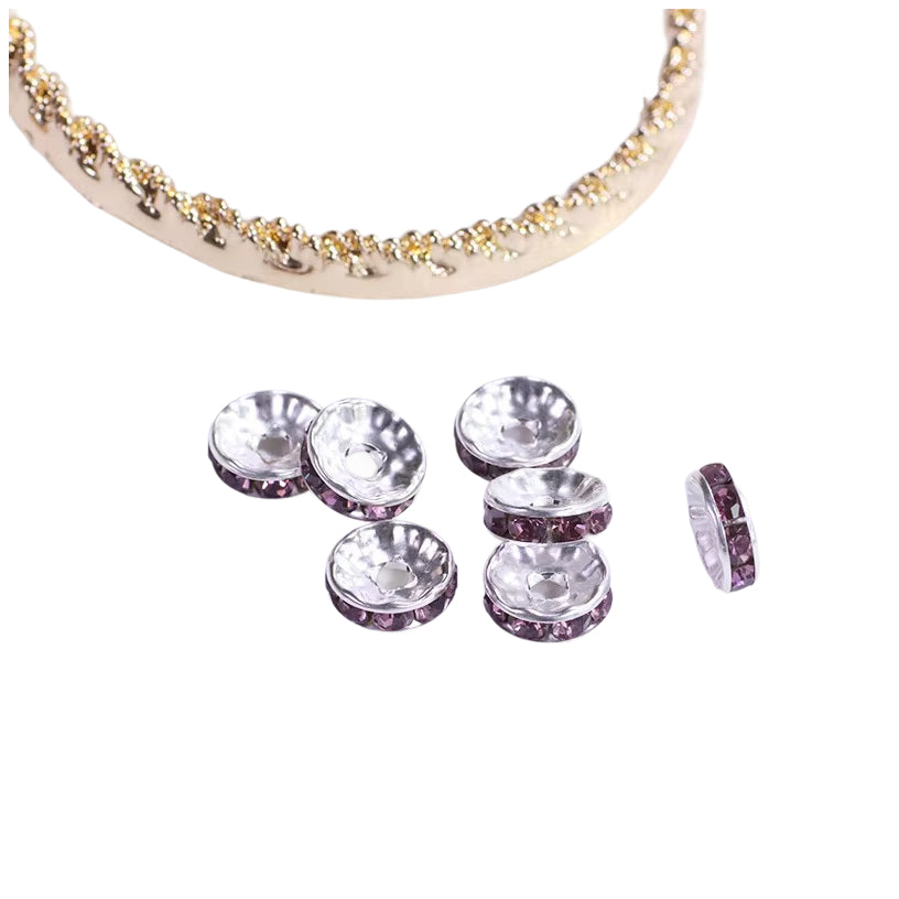 Silver Plated Rhinestone Rondelle Spacer Beads 6mm 8mm for Jewelry Making Bracelets, Pack of 50