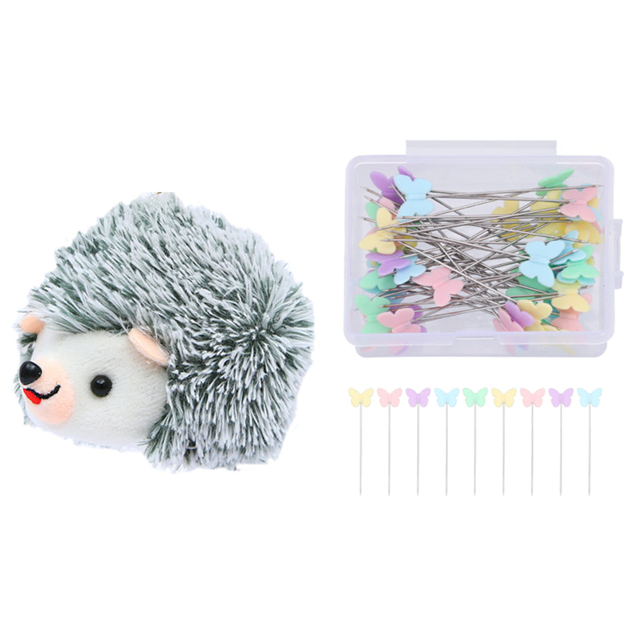Hedgehog Pincushion Sewing Kit with 100 Colored Butterfly Pins in Transparent Storage Container