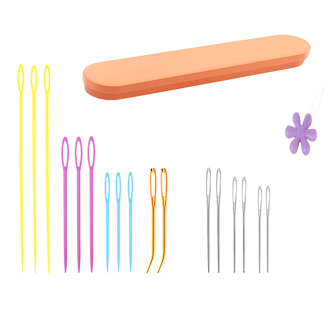 Plastic Large Eye Yarn and Tapestry Needles with Bent Tips, Threader, and Storage Box for Crochet